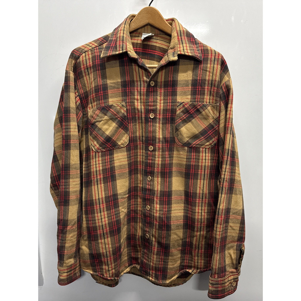 Vintage 70s JC Penney Big Mac Flannel Shirt Mens L TALL Brown Plaid Grunge